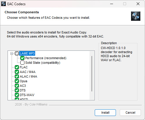 EAC Codecs installer component selection showing LAME, FLAC, AAC, ALAC, Opus, AC-3, DTS, DTS-WAV and HDCD options